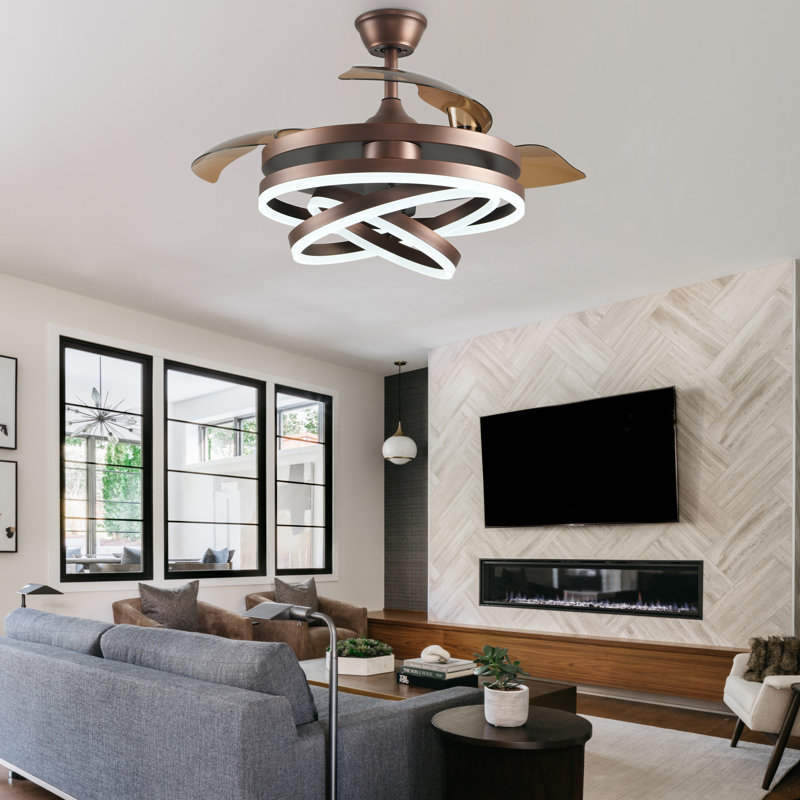 Ventilateur de plafond moderne Orren Ellis 42 po à monter soi-même, couleur brun, avec éclairage et télécommande, moteur CC silencieux et réversible, 6 vitesses, idéal pour les chambres à coucher.