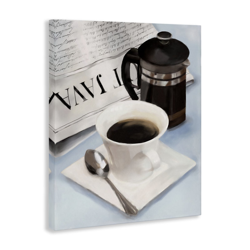 Art mural sur toile café et journal, design par Carol Robinson, H 48 po x l 36 po