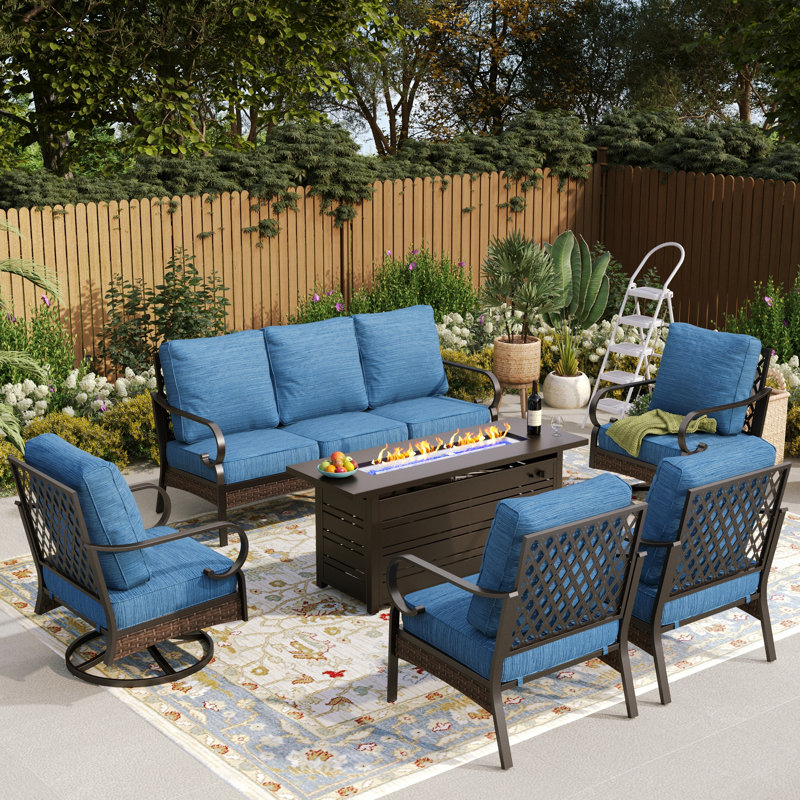 Ensemble de conversation pour 7 personnes avec 2 chaises longues pivotantes et table de foyer, Noir / bleu paon / noir