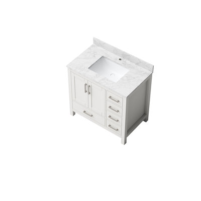 Meuble-lavabo de salle de bain blanc de 35 po, fabrication en contreplaqué de bois massif, fonctionnalité de fermeture silencieuse et silencieuse, cuve en céramique facile à nettoyer, conception de rangement spacieuse, comptoirs, armoire en blanc