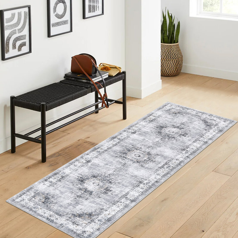 Machine Washable Rugs Oriental Floral Non-Slip Low Pile Rubber Backing Area Rug for Living Room Bedroom Kitchen Dining Room