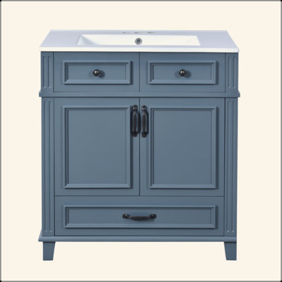 Meuble-lavabo de 30 po avec lavabo en céramique, armoire de rangement en bois massif avec portes à fermeture douce, style rétro
