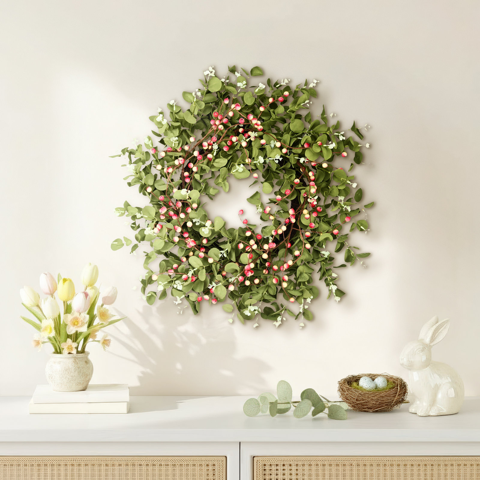 24" Handcrafted Faux Eucalyptus Berry Wreath for Front Door, Pink/Green