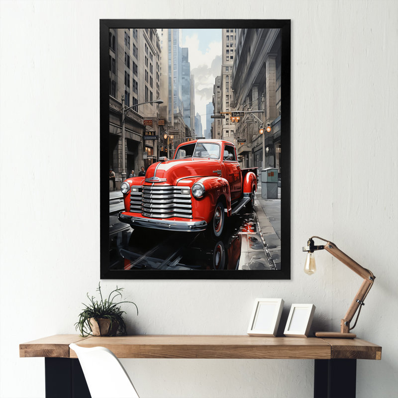 Camionnette rouge Laphonso Cityscape Hauler IV - impression, H 20 po x l 12 po x P 1 po, Cadre photo noir