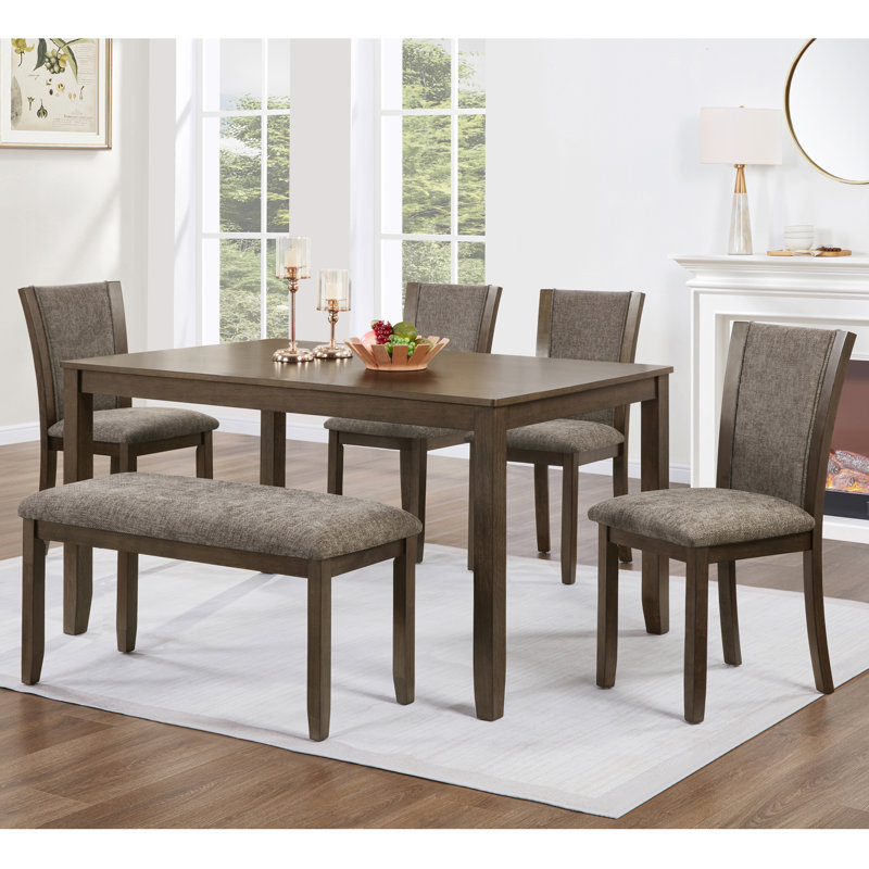 Lynford Farmhouse 6-Piece  Rustic Wooden Dining Set with Upholstered Chairs and Bench, Dark Walnut/Gray, Dark Walnut
