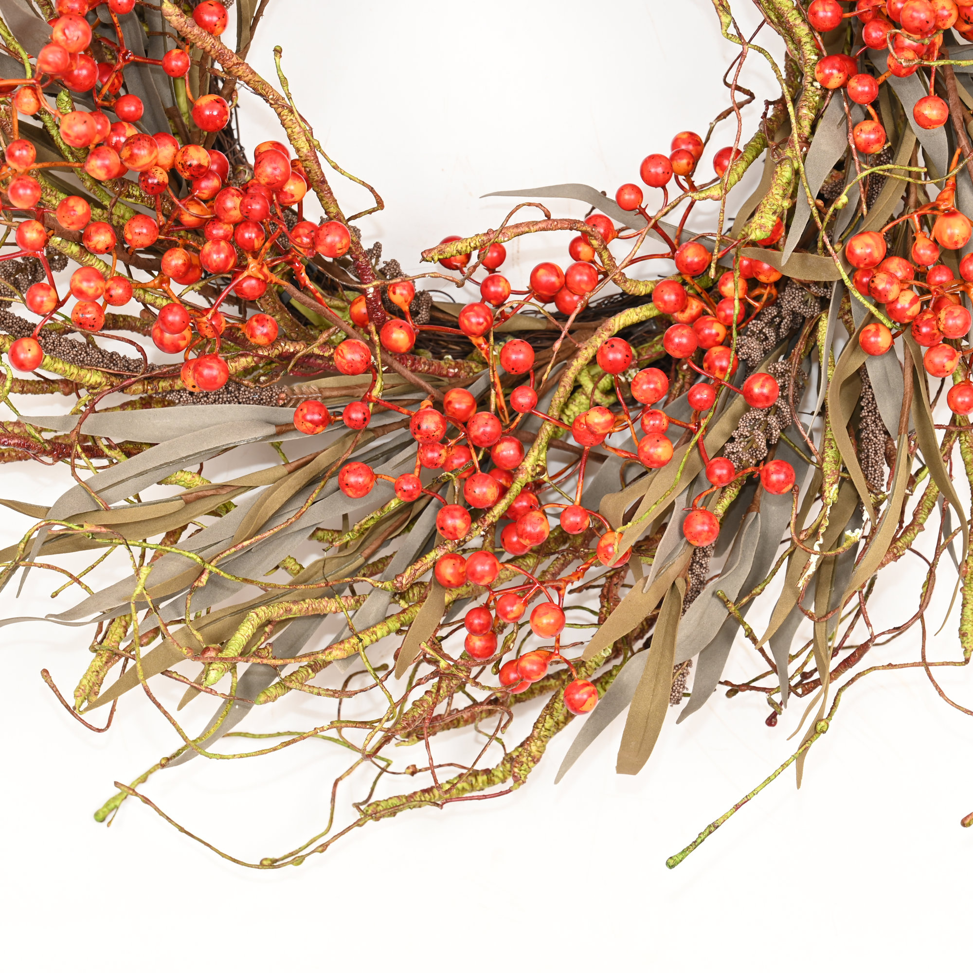 26" Artificial Farmhouse Thanksgiving Day Harvest Blossom Cluster Grass Berry Fall Wreath For Front Door, Orange