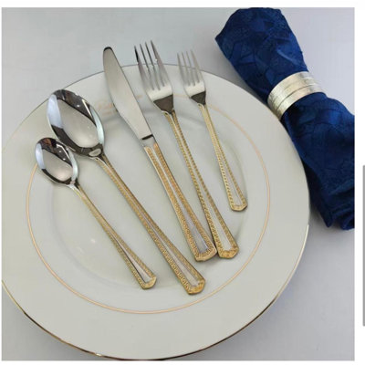 Ensemble de couverts 20 pièces Elegant Luxruy Greek Key Design, acier inoxydable 18/10 avec plaqué or, service pour 4 personnes