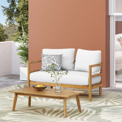 Outdoor Acacia Wood Loveseat And Coffee Table Set With Cushions by Red Barrel Studio