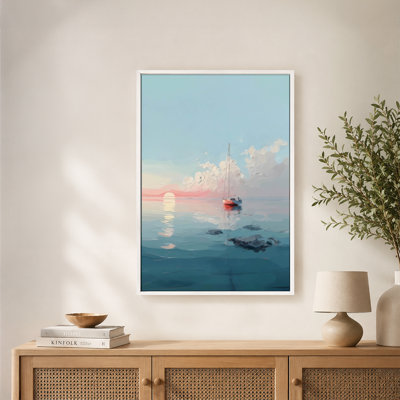 Voilier Calm Sea Sunset Pastel Hues, art mural sur toile avec cadre flottant