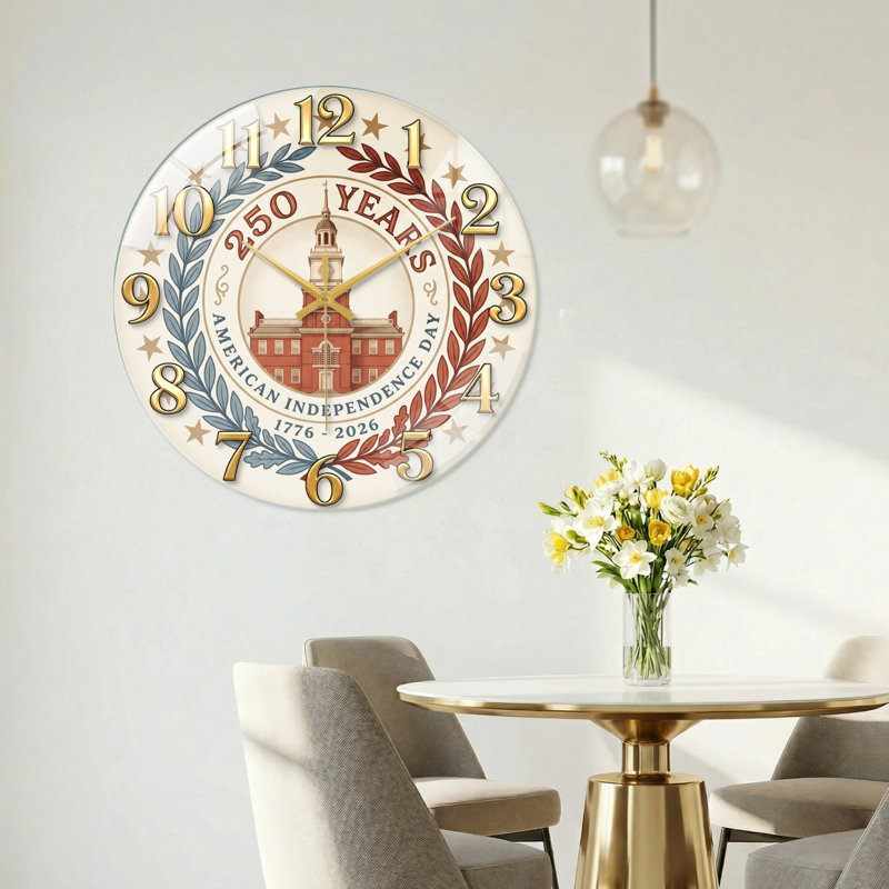 Horloge murale décorative moderne en verre American Independence USA 250th Anniversary, 60 x 60 cm (23,6 x 23,6 pouces)
