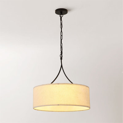 Modern Farmhouse 3-Light Drum Pendant Light Fixture, Matte Black Linen Shade Hanging Ceiling Light for Dining Room & Kitchen, Adjustable Chain Ambient Lighting