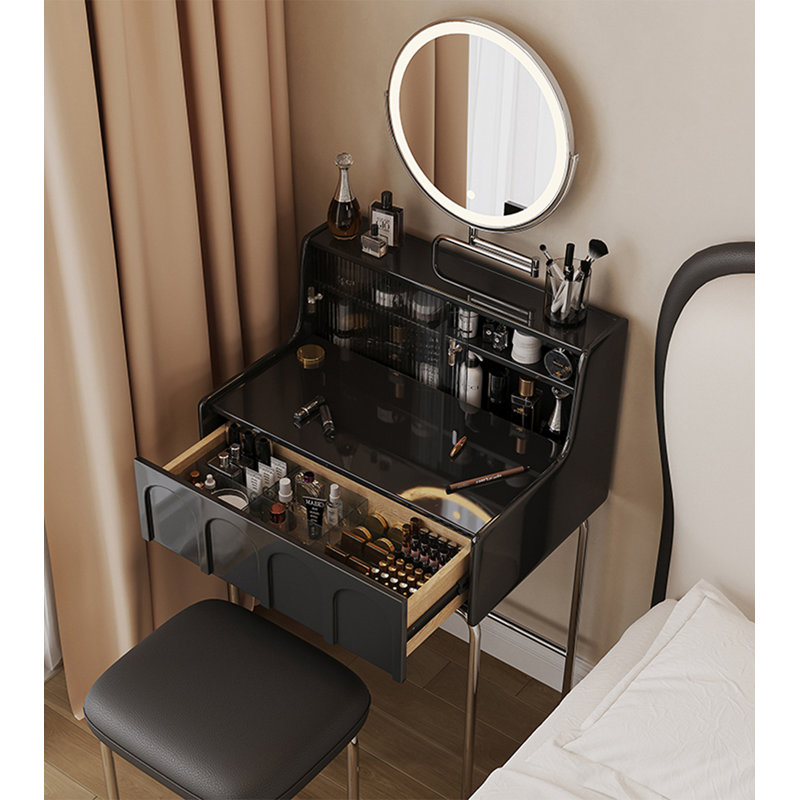 French‑style Small Black Dressing Table with Wood & Stainless Steel for Bedroom