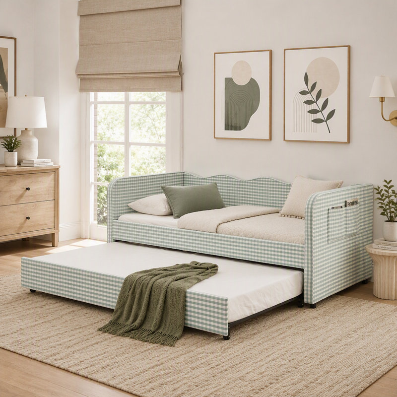 Lit de jour simple Gingham avec lit gigogne convertible 3-en-1, Cyan