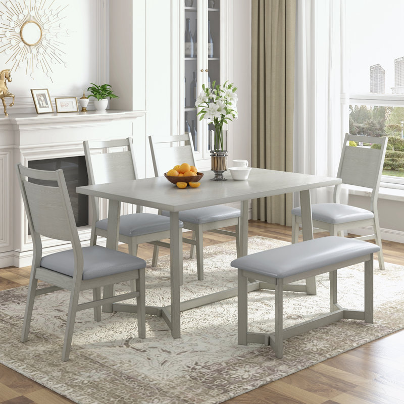 6-piece Dining Table Set With 4 Upholstered Chairs And Bench,dining table set,dining room set, Gray, Gray, Gray