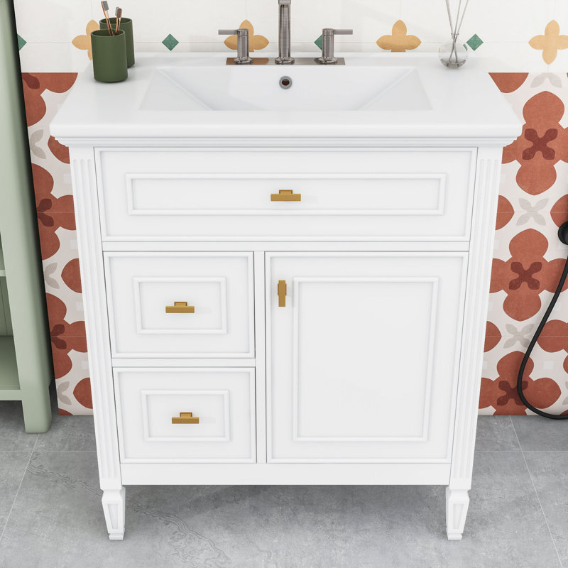 Armoire de salle de bain avec lavabo en céramique, 3 tiroirs et tablette réglable, Blanc