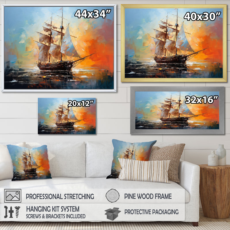 Voilier et mélodie IV sur toile, Cadre doré simple, H 34 po x l 44 po x P 1,5 po