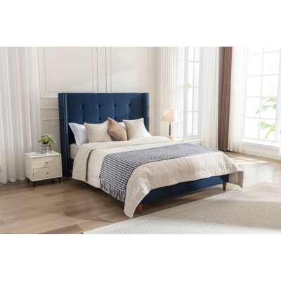 Peyton Upholstered Radhika Bed / 54" High Headboard / Traditional Hand Buttoned Tufting / Nailhead Trim Wingback / No Box Spring Needed / Easy Assembly / Ivory Velvet