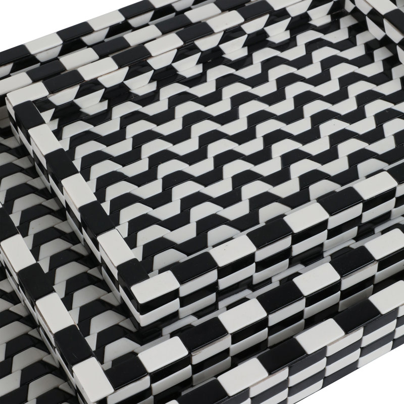 Decorative Coffee Table Tray With Checkered Inlay Detailing - Chic Accent Tray For Stylish Modern Home Decor Or Ottoman Tray - Set Of 3, 24", Black