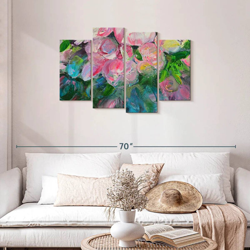 Ensemble de 4 pivoines abstraites sur toile, H 27 po x l 43 po x P 1,25 po