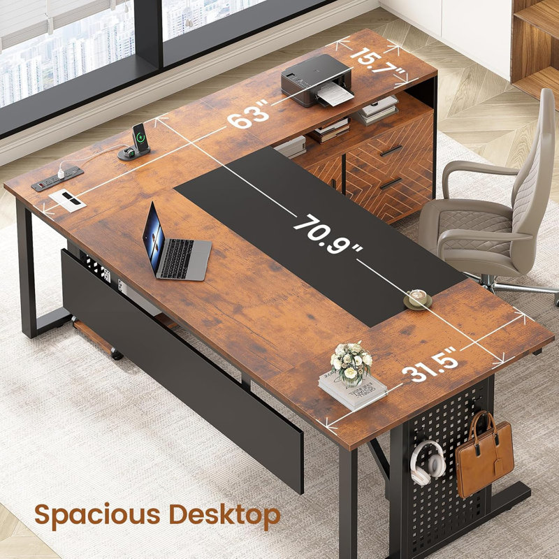 71" Computer Desk Executive Desk With Rolling File Cabinet, Rustic Brown/Black