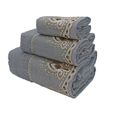 Carli Home Decor Premium Luxury Ultra Soft 100% Cotton Sheer Embroidered Kitchen Bathroom Modern 3 Piece Lace Towel Set, Grey Color