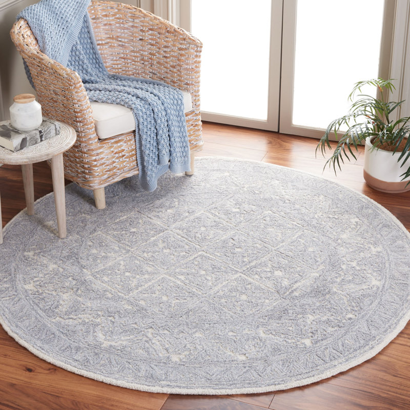 Jamyra Hand Tufted Wool/Cotton Geometric Rug in Ivory/Gray, Round 6'