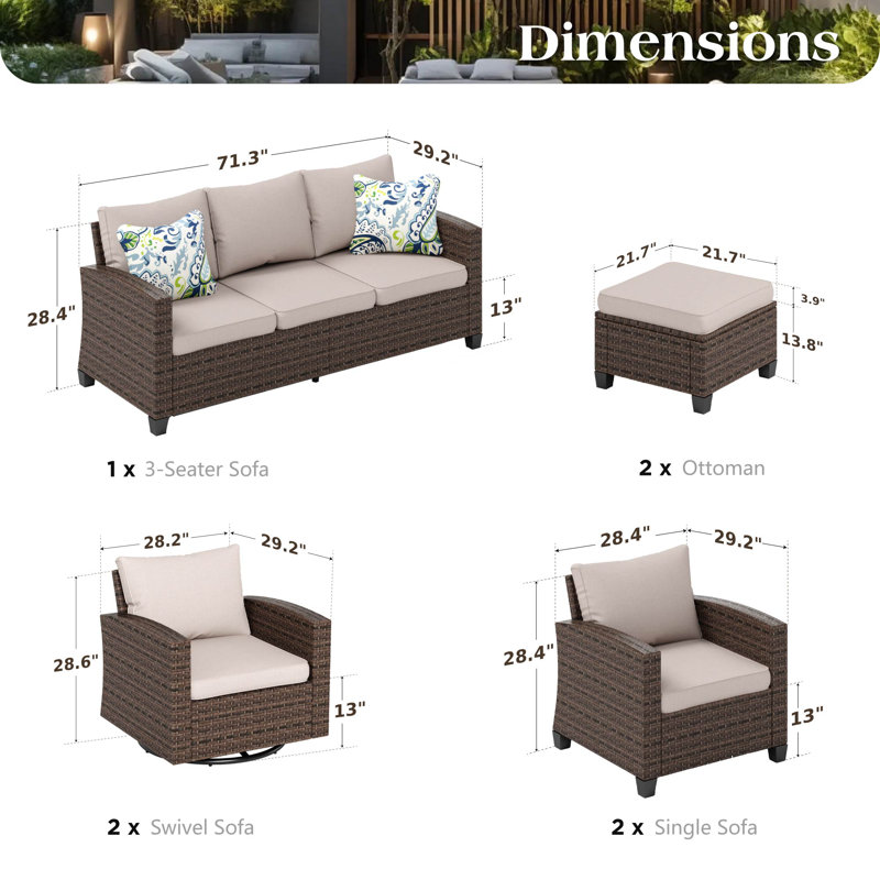 Ensemble de conversation d'extérieur en osier pour 9 personnes avec chaises pivotantes, Beige, Non