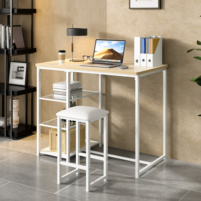 Ligon Ligon 3-Piece Kitchen Bar Table Set with Oak Top, Storage Shelves & PU Leather Stools — Small Space Dining Set, Oak