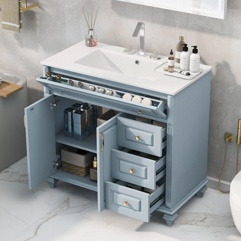 Meuble-lavabo de salle de bain avec rangement spacieux, Bleu gris, Doré
