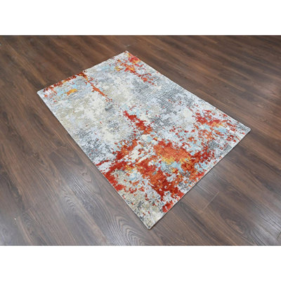 Tapis oriental orange brûlé et gris 4 pi 1 po x 6 pi avec motif mosaïque en feu noué à la main en laine et soie