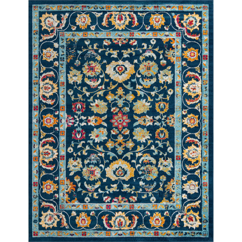 Tapis bleu / jaune / orange à motif floral Arenas, Rectangle 10 pi x 13 pi