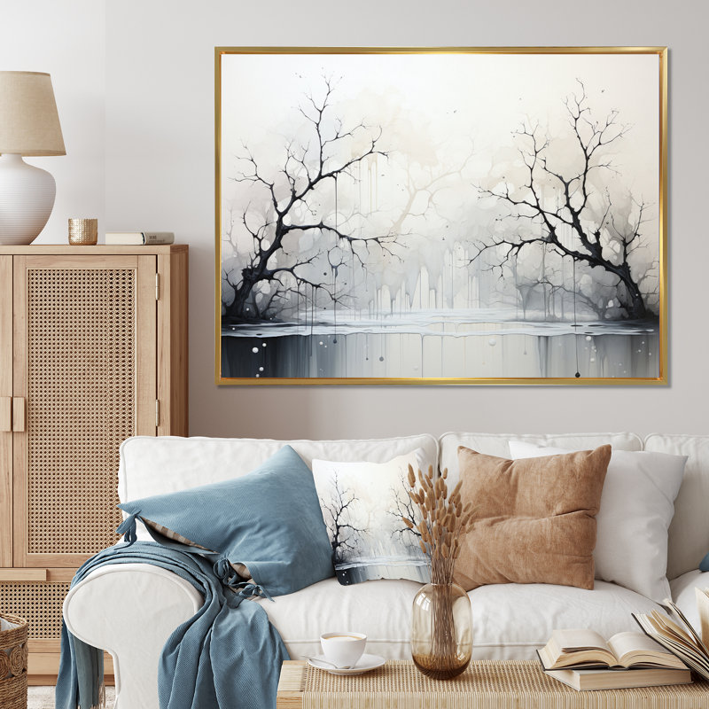 Minimalisme monochrome sérénité rivière sur toile, Cadre flottant doré, H 12 po x l 20 po x P 1 po