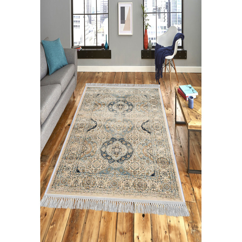 Tapis oriental ivoire / bleu Alata, Rectangle 4 pi 7 po x 7 pi 3 po