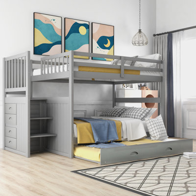 Full Over Full Bunk Bed with Twin Trundle and Storage Drawers, Gray - Solid Pine Frame, Safe Staircase, No Box Spring Needed