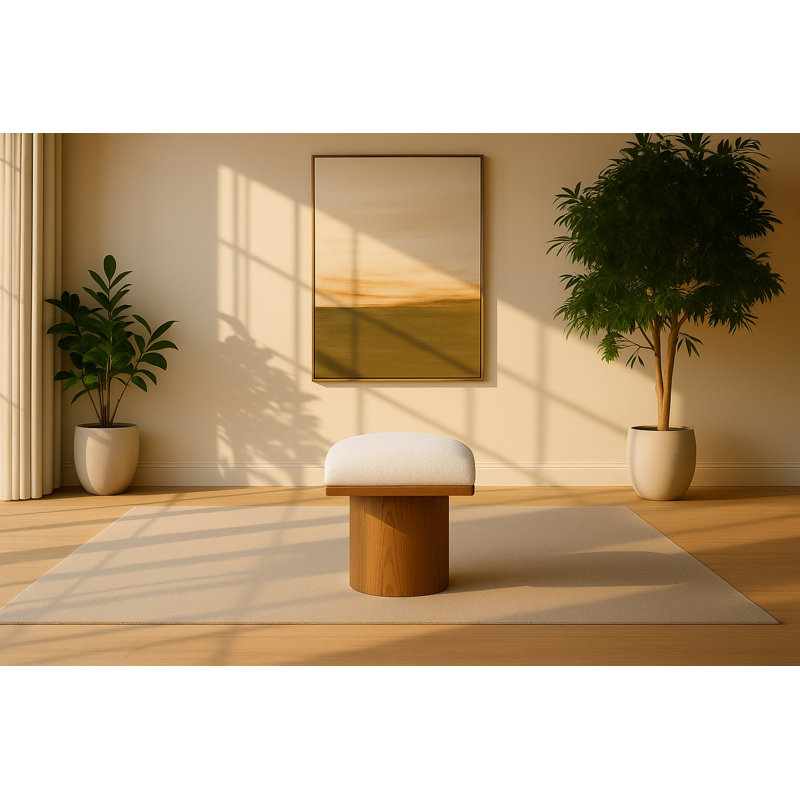 Tabouret de coiffeuse en bois massif Cniejo, Tissu crème bouclé, Noyer brun