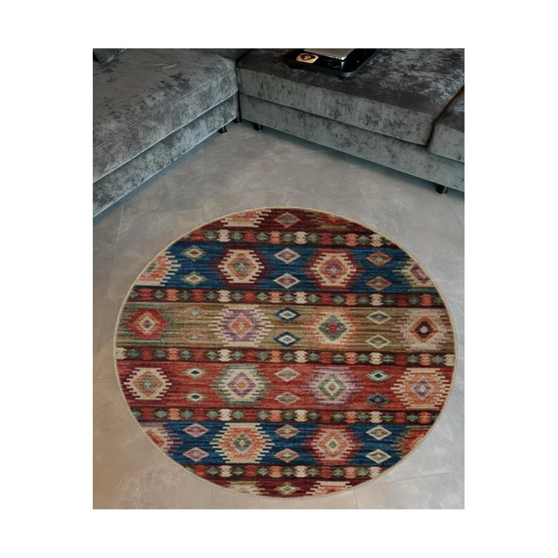 Multicolored Ethnic Motif Traditional Patterned Round Woven Base Vintage Decorative Carpet, Round 4'