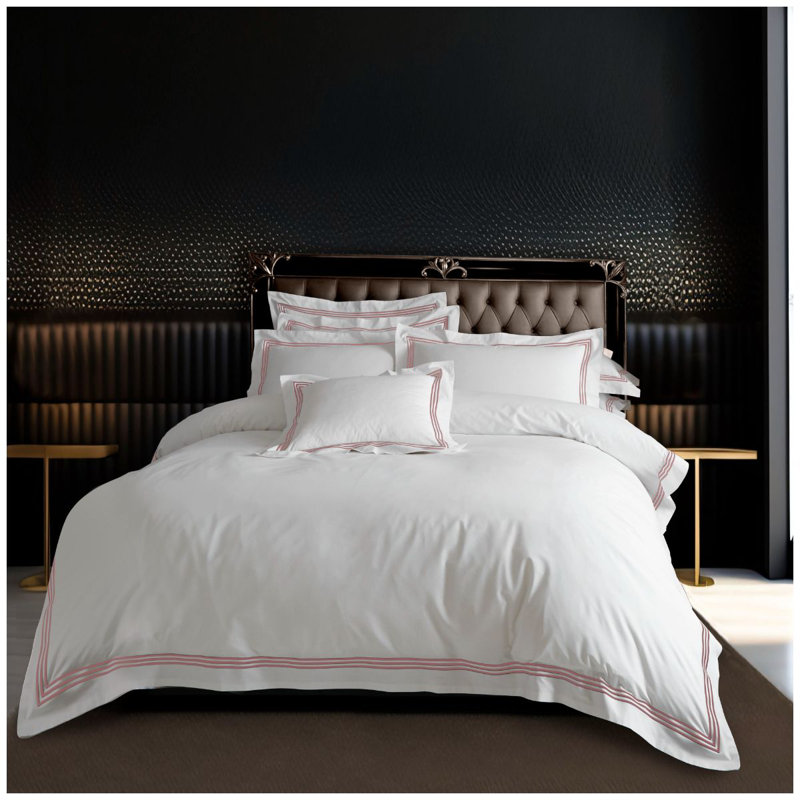 Cotton Blend Duvet Cover with Pillowcases, Kingsize Duvet Cover + 2 Standard Shams, White/Pink