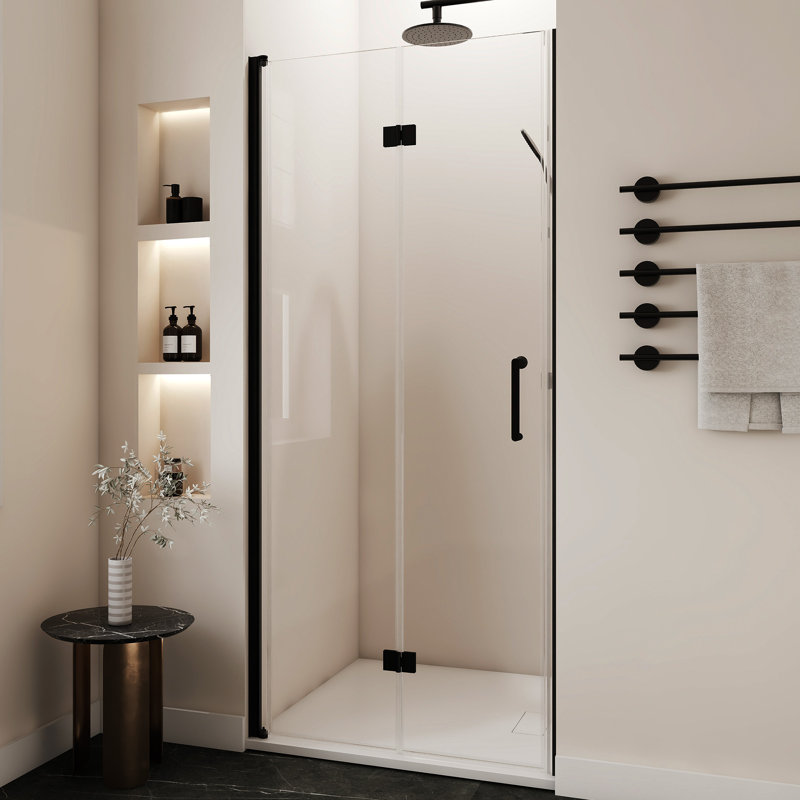 Porte de douche pliable sans cadre 86 cm (L) x 183 cm (H), alliage d'aluminium, verre trempé 6 mm.