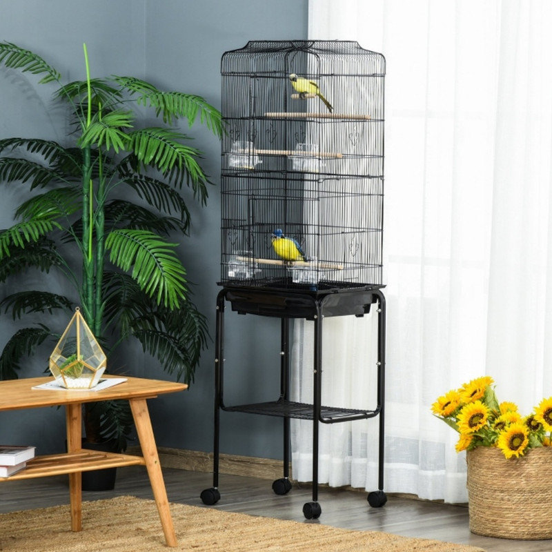 Black Bird Cage for Budgie Finch Canary Parakeet, with Rolling Stand Wheels, Slide-Out Tray and Bottom Storage Shelf, Complete Small Parrot Habitat, 46.5 x 36 x 157 cm