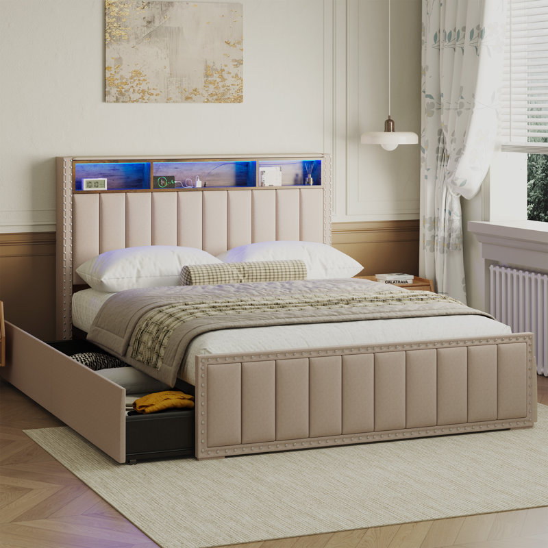 Upholstered Platform Bed Frame with Charging Station, 4 Drawers & LED Lights – Heavy Duty, No Box Spring Needed, Queen