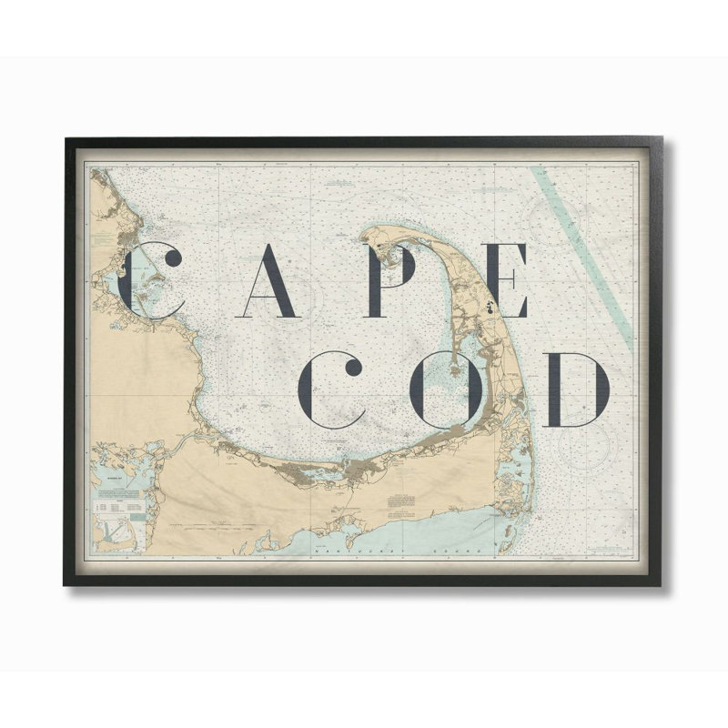 «Cape Cod Beach Vintage Map Word Design», impression, Giclée encadrée noir minuit, H 11 po x l 14 po