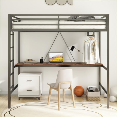 Sleek Black Twin Loft Bed Frame, Space Saving Compact Metal and Wood with Built-in Desk and Closet Rod