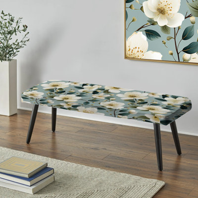 Watercolor Whimsy White Serenaded Gardens - Floral Upholstered Black Bench