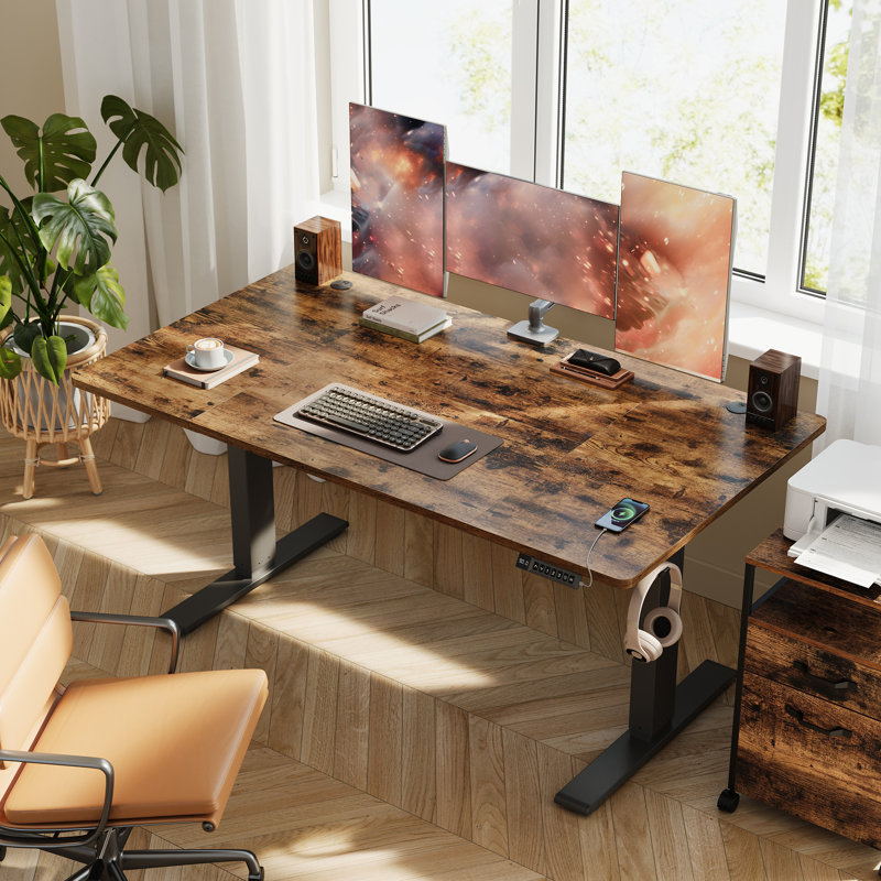 Adjustable Metal Base Standing Desk with Power Outlet, Brown/Black, 140cm W x 80cm D