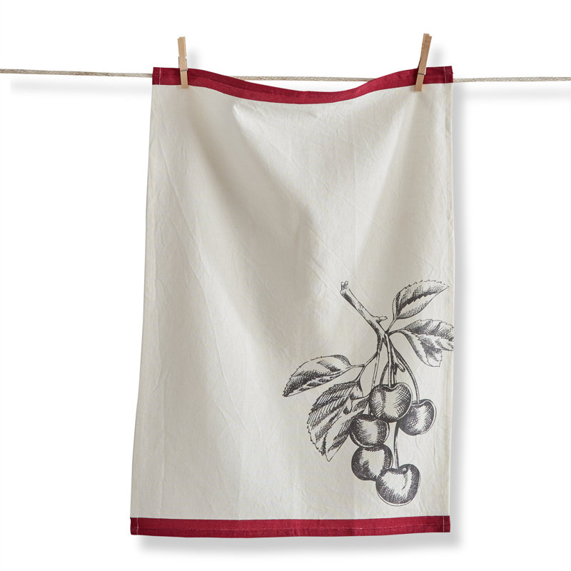 Bright Border Cherry Cotton Flax Dishtowel White Multi 26x18 in