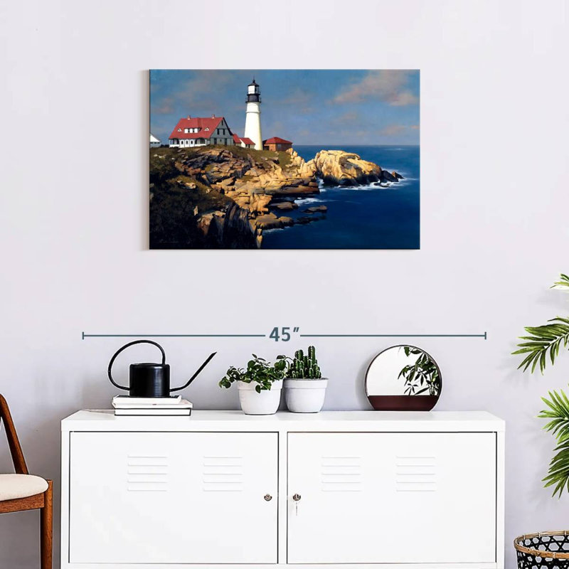 Phare côtier d'Aletra avec maisons rouges, H 20 po x l 30 po