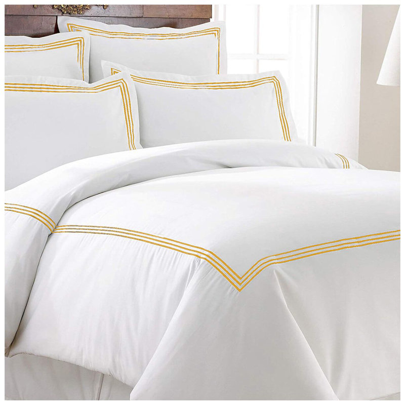 400TC Cotton Triple Embroidery Sateen Solid Duvet Cover Set, White/Gold, Full/Queen Duvet Cover