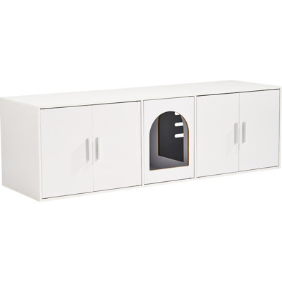 57.9" White Cat Litter Box Furniture With Hidden Design, - Access Windows, Stable Structure, And Easy To Maintain Surface Wooden Enclosure Magnetic Suction Door, Comfortable Pet Space, Heavy Duty