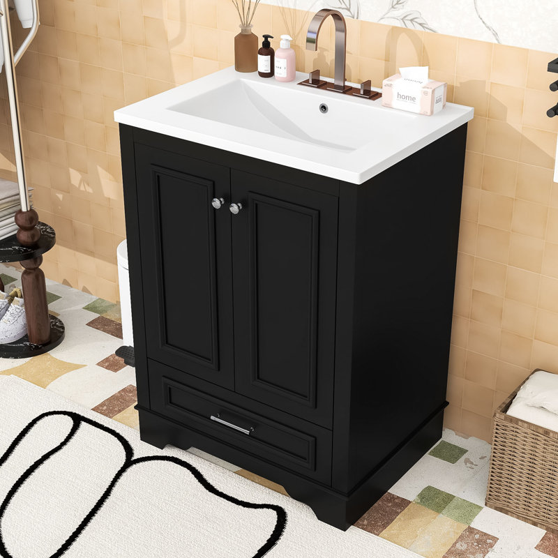Meuble-lavabo compact de 24 po avec tablettes réglables et lavabo durable, Noir