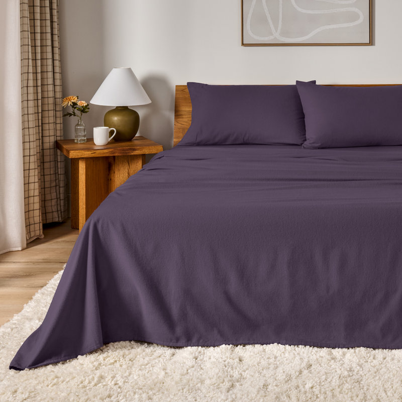 100% Cotton Flannel Sheet Set, Queen Sheet Set with 2 Pillowcases, Eggplant